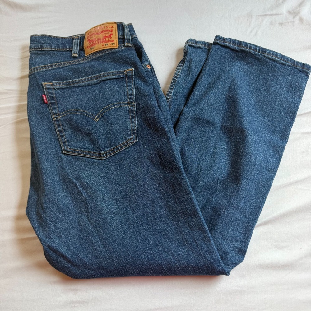 Levis 505 Regular Fit Jeans Mens 38x30 Blue Medium Wash Straight Leg Denim